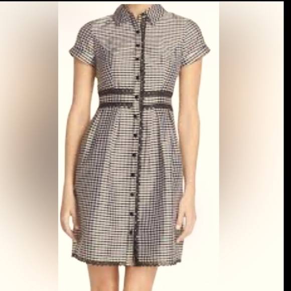 Adrianna Papell | Gingham Tafetta Lace Trim Collared Shirt Midi Dress - Picture 16 of 16